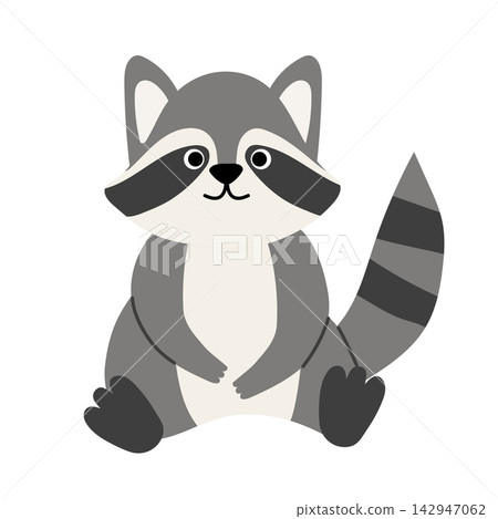 Cute vector illustration of a raccoon. A flat design icon of a striped-tailed forest animal, isolated on a white background. Perfect for autumn designs, children's greeting cards, kindergarten decor,  142947062