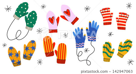 Colorful winter mitten collection with striped, dotted and heart patterns, decorative snowflakes and playful strings. Flat vector illustration for cozy seasonal, Christmas and winter designs. Colorful winter mitten collection with striped, dotted and heart patterns, decorative snowflakes and playful strings. Flat vector illustration for cozy seasonal, Christmas and winter designs. 142947063