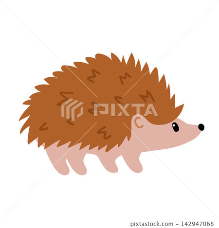Cute flat vector illustration of a small hedgehog with a rounded pink body and large brown spiky quills, isolated on white background. Perfect for autumn designs, children's greeting cards, kindergart Cute flat vector illustration of a small hedgehog with a rounded pink body and large brown spiky quills, isolated on white background. Perfect for autumn designs, children's greeting cards, kindergart 142947068