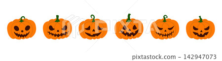 Halloween jack-o'-lantern pumpkins with unique spooky faces, arranged in a horizontal row. Flat vector illustration for autumn celebrations, Halloween decorations, cards and stickers. Halloween jack-o'-lantern pumpkins with unique spooky faces, arranged in a horizontal row. Flat vector illustration for autumn celebrations, Halloween decorations, cards and stickers. 142947073