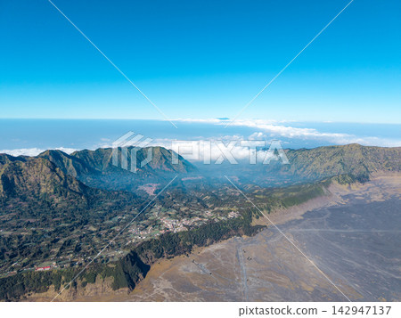 Clear blue sky meets rugged mountain peaks Clear blue sky meets rugged mountain peaks 142947137
