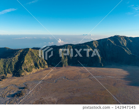 Aerial Morning Panorama Across Mount Bromo Volcanic Caldera Aerial Morning Panorama Across Mount Bromo Volcanic Caldera 142947145