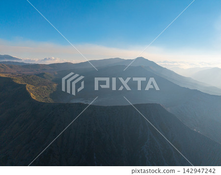 Aerial Mountain Panorama Across Mount Bromo Hill Aerial Mountain Panorama Across Mount Bromo Hill 142947242