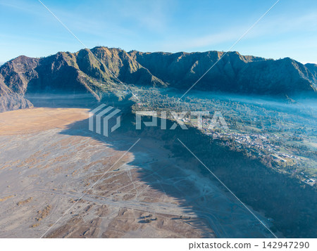 Aerial View of Mount Bromo Caldera and Tengger Landscape Aerial View of Mount Bromo Caldera and Tengger Landscape 142947290