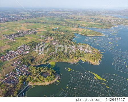 Aerial Panorama of Waduk Karangkates Reservoir, Farmland, Villages Aerial Panorama of Waduk Karangkates Reservoir, Farmland, Villages 142947317