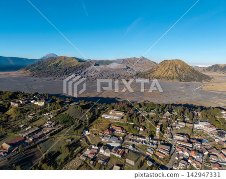 Aerial Panorama of Mount Bromo Caldera and Cemoro Lawang Village Aerial Panorama of Mount Bromo Caldera and Cemoro Lawang Village 142947331