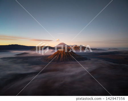 Aerial Sunrise Panorama Over Mount Bromo Volcanic Landscape Aerial Sunrise Panorama Over Mount Bromo Volcanic Landscape 142947356