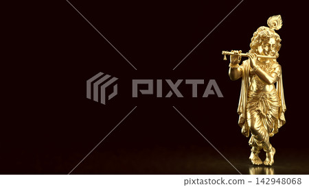 Golden Lord Krishna Playing Flute on Dark Background with Copy Space 3d render. Golden Lord Krishna Playing Flute on Dark Background with Copy Space 3d render. 142948068