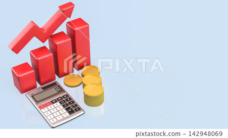 Financial Growth Chart with Calculator and Gold Coins on Blue Background 3d render. Financial Growth Chart with Calculator and Gold Coins on Blue Background 3d render. 142948069