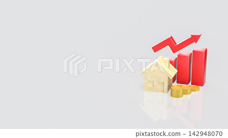 Rising Property Values with Wooden House and Gold Coins 3d render. Rising Property Values with Wooden House and Gold Coins 3d render. 142948070