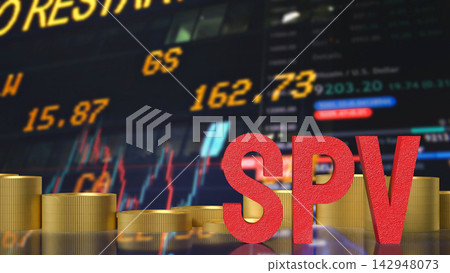 Special Purpose Vehicle Concept with Red SPV Letters and Gold Coins 3d render. Special Purpose Vehicle Concept with Red SPV Letters and Gold Coins 3d render. 142948073