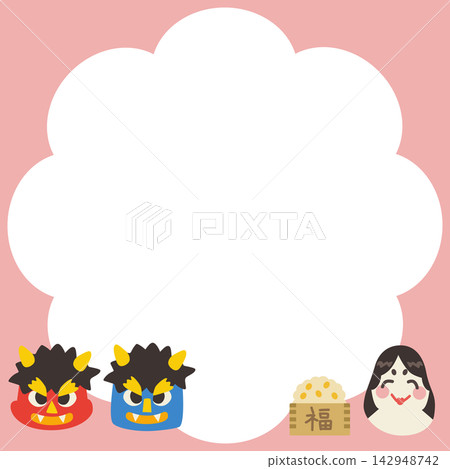 Setsubun (Bean-Throwing Festival): Square frame featuring red and blue demons and Otafuku (a traditional Japanese mask representing a goddess of good fortune) - Vector illustration Setsubun (Bean-Throwing Festival): Square frame featuring red and blue demons and Otafuku (a traditional Japanese mask representing a goddess of good fortune) - Vector illustration 142948742