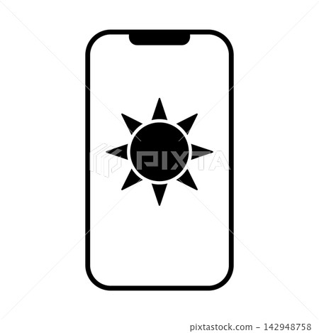 An icon illustration of a sun symbol displayed on a smartphone screen. An icon illustration of a sun symbol displayed on a smartphone screen. 142948758
