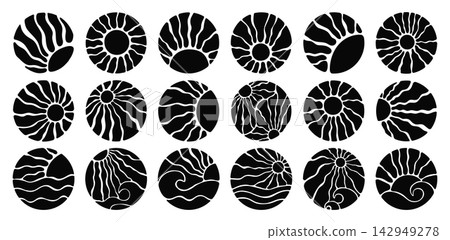 Groovy sun and wave round set retro psychedelic sunburst wavy sea beach rays boho shapes design art Groovy sun and wave round set retro psychedelic sunburst wavy sea beach rays boho shapes design art 142949278