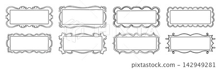Groovy wavy frame doodle set drawn squiggle scallop rectangle shape retro funky style background Groovy wavy frame doodle set drawn squiggle scallop rectangle shape retro funky style background 142949281