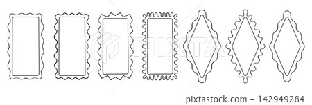 Groovy wavy frame doodle set drawn squiggle scallop rectangle shape funny funky style background 142949284