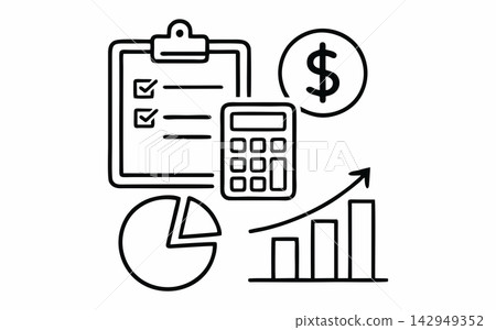 Hand-Drawn Finance and Business Accounting Icon with Clipboard, Calculator, and Charts Hand-Drawn Finance and Business Accounting Icon with Clipboard, Calculator, and Charts 142949352