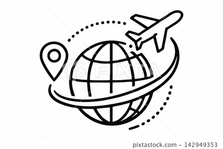 Hand-Drawn Travel and Global Tourism Icon with Globe, Airplane, and Location Pin Hand-Drawn Travel and Global Tourism Icon with Globe, Airplane, and Location Pin 142949353
