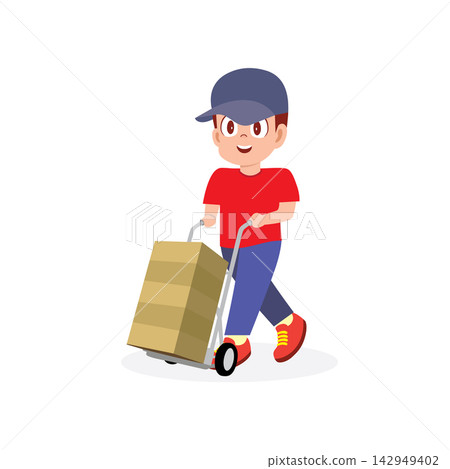 Efficient delivery boy carrying packages happily Efficient delivery boy carrying packages happily 142949402