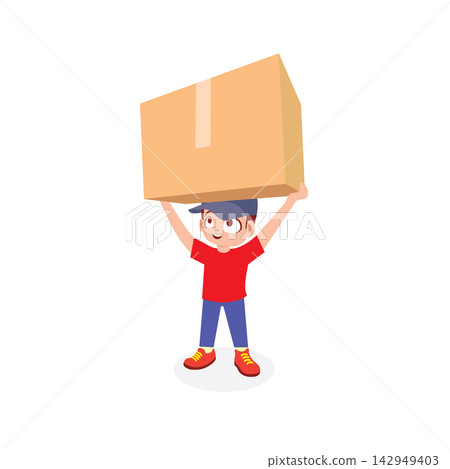 Hardworking Courier Lifts Cardboard. Vector Illustration Hardworking Courier Lifts Cardboard. Vector Illustration 142949403