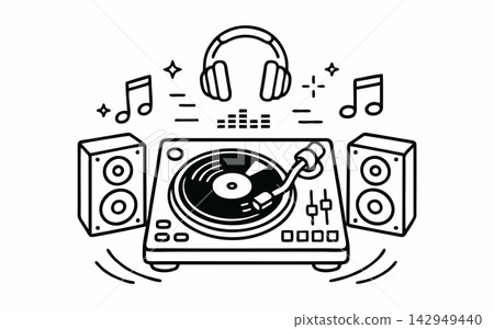 Hand-Drawn Music and DJ Turntable Icon with Speakers and Headphones Hand-Drawn Music and DJ Turntable Icon with Speakers and Headphones 142949440