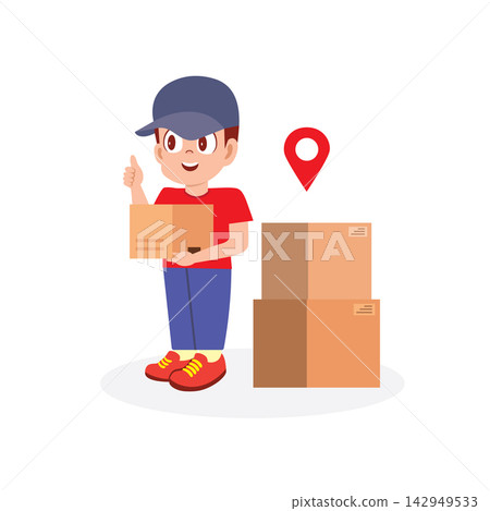 A cheerful boy wearing a blue cap and red outfit while standing next to cardboard boxes. courier boy A cheerful boy wearing a blue cap and red outfit while standing next to cardboard boxes. courier boy 142949533