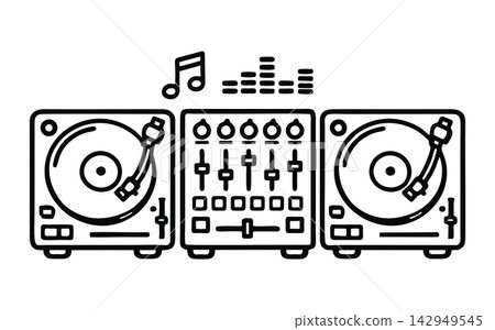 Hand-Drawn DJ Setup and Audio Mixer Icon with Dual Turntables Hand-Drawn DJ Setup and Audio Mixer Icon with Dual Turntables 142949545