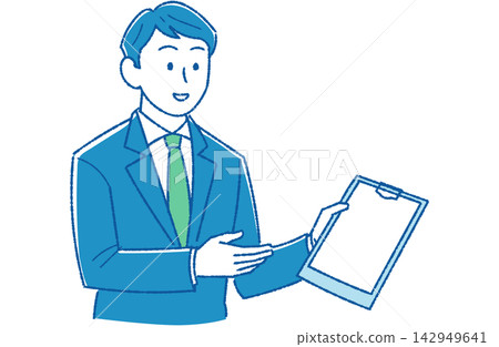 An illustration of a male office worker and his subordinate reporting on their work while showing documents in a binder. An illustration of a male office worker and his subordinate reporting on their work while showing documents in a binder. 142949641