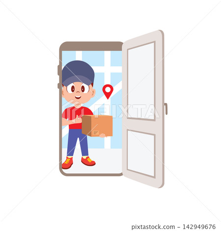 A cheerful boy wearing a red shirt, blue pants, and a navy blue cap is standing in front of an open door, holding a cardboard box with a smile A cheerful boy wearing a red shirt, blue pants, and a navy blue cap is standing in front of an open door, holding a cardboard box with a smile 142949676
