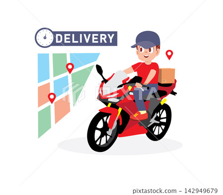 Fast Red Motorcycle Delivery Service with Map Precision Fast Red Motorcycle Delivery Service with Map Precision 142949679