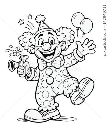 Hand-Drawn Happy Circus Clown Coloring Page with Horn and Balloons 142949711