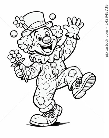 Hand-Drawn Waving Circus Clown Coloring Page with Flower Hand-Drawn Waving Circus Clown Coloring Page with Flower 142949739