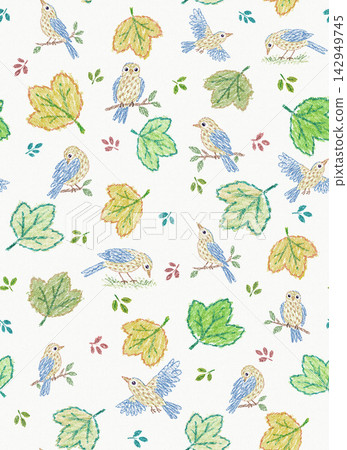 Seamless pattern of birds and botanical leaves. Off-white. Seamless pattern of birds and botanical leaves. Off-white. 142949745