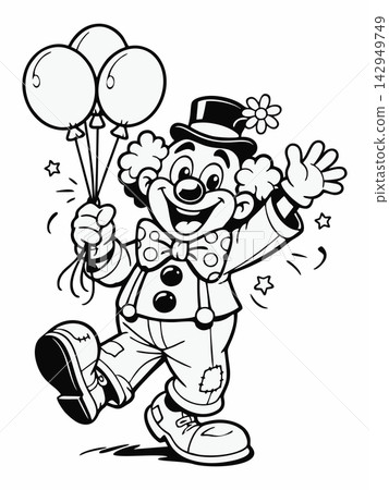 Hand-Drawn Happy Circus Clown Coloring Page with Balloons and Suspenders 142949749