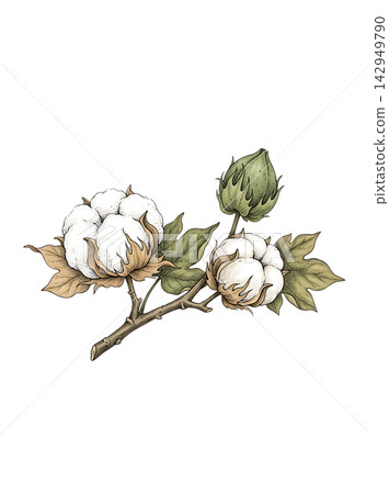 Hand Drawn Cotton Boll Branch Botanical Element with Natural Asymmetric Functional Composition 142949790