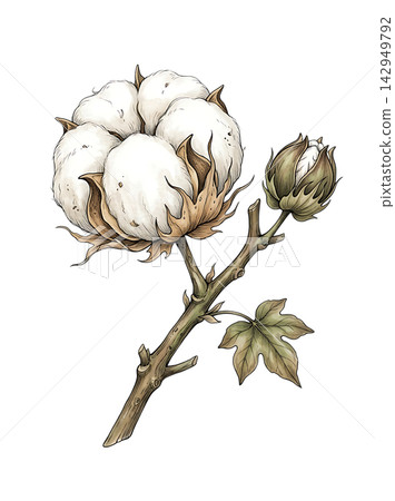 Hand Drawn Cotton Boll Branch Botanical Element with Natural Asymmetric Functional Composition 142949792