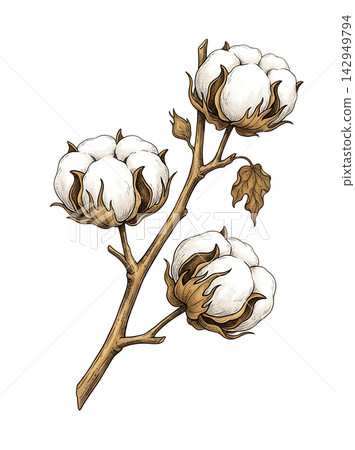 Hand Drawn Cotton Boll Branch Botanical Element with Natural Asymmetric Functional Composition Hand Drawn Cotton Boll Branch Botanical Element with Natural Asymmetric Functional Composition 142949794