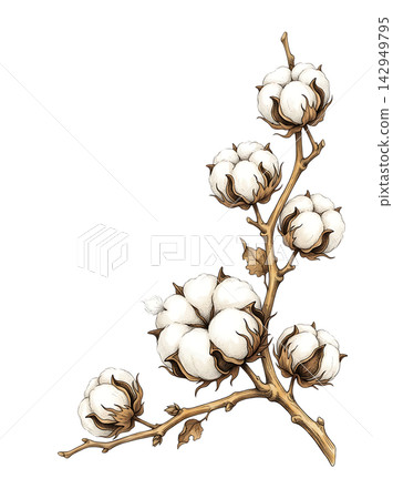 Hand Drawn Cotton Boll Branch Botanical Element with Natural Asymmetric Functional Composition Hand Drawn Cotton Boll Branch Botanical Element with Natural Asymmetric Functional Composition 142949795