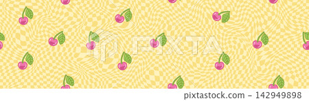 Distorted Checkerboard Background with Yellow Cherry Pattern. Horizontal Retro Seamless Texture with Groovy Wavy Grid and Kawaii Cartoon Checker Design for Y2K Aesthetic and Psychedelic Wallpaper. Distorted Checkerboard Background with Yellow Cherry Pattern. Horizontal Retro Seamless Texture with Groovy Wavy Grid and Kawaii Cartoon Checker Design for Y2K Aesthetic and Psychedelic Wallpaper. 142949898