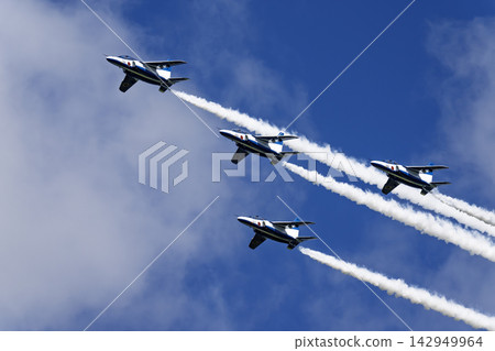 Blue Impulse aerobatic team at Matsushima Air Base conducts flight training under the autumn blue sky in Higashimatsushima City, Miyagi Prefecture. Blue Impulse aerobatic team at Matsushima Air Base conducts flight training under the autumn blue sky in Higashimatsushima City, Miyagi Prefecture. 142949964