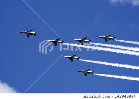 Blue Impulse aerobatic team at Matsushima Air Base conducts flight training under the autumn blue sky in Higashimatsushima City, Miyagi Prefecture. Blue Impulse aerobatic team at Matsushima Air Base conducts flight training under the autumn blue sky in Higashimatsushima City, Miyagi Prefecture. 142949984