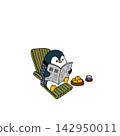 A penguin reading a newspaper in a retro Showa-era floor chair 142950011