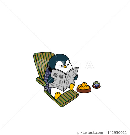 A penguin reading a newspaper in a retro Showa-era floor chair A penguin reading a newspaper in a retro Showa-era floor chair 142950011