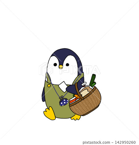 一隻企鵝抱著一個昭和時代的復古購物籃。 一隻企鵝抱著一個昭和時代的復古購物籃。 142950260