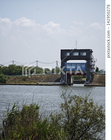 A riverside landscape with a sluice gate. A riverside landscape with a sluice gate. 142950278
