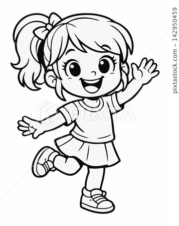 Cheerful Girl Waving and Dancing Coloring Page Cheerful Girl Waving and Dancing Coloring Page 142950459