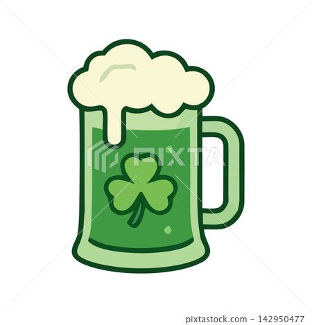 Cute cartoon icon of a frothy beer mug decorated with a four-leaf clover, perfect for spring and st patricks day festivities. Cute cartoon icon of a frothy beer mug decorated with a four-leaf clover, perfect for spring and st patricks day festivities. 142950477