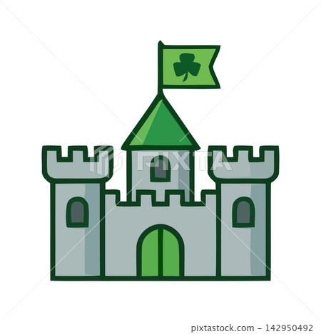 Adorable cartoon depiction of a fantasy castle featuring an Irish clover flag. Perfect for holiday, heritage, or cultural themes. Adorable cartoon depiction of a fantasy castle featuring an Irish clover flag. Perfect for holiday, heritage, or cultural themes. 142950492