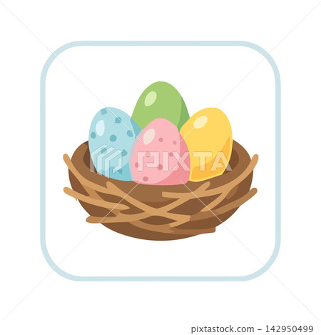 Adorable cartoon illustration of colorful eggs nestled in a woven basket for spring and easter themes. 142950499