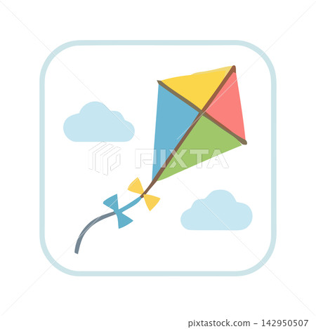 Simple and cheerful vector drawing of a colorful kite flying high against a clear sky background. 142950507
